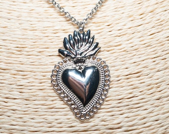Collana con ciondolo a forma di Sacro Cuore, catena in argento, girocollo messicano unisex