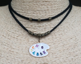 Paint Palette Necklace  Double Choker  Artist Pendant  Layered Necklace  Enamel Pendant Necklace  Boho Choker  Suede Necklace  Gift for Her