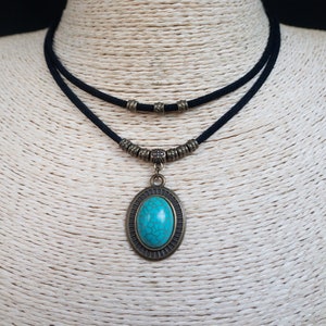 Turquoise Necklace  Double Choker  Turquoise Cabochon Pendant  Layered Necklace  Pendant Necklace  Boho Choker  Woman Jewelry