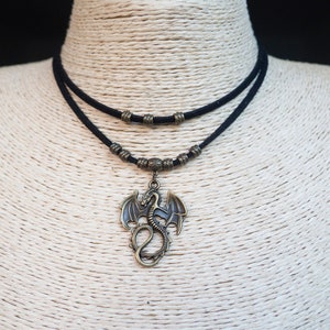 Dragon Necklace  Double Choker  Dragon Pendant  Layered Necklace  Pendant Necklace  Vegan Choker  Black Suede Necklace