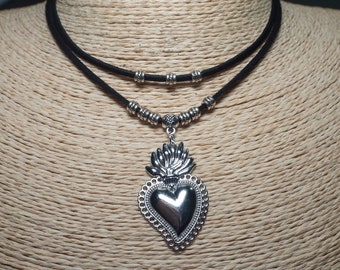 Collar Sagrado Corazón Doble Gargantilla Collar en Capas Gargantilla Mexicana Collar Colgante Gargantilla de Plata Joyería de Mujer Regalo de Cumpleaños