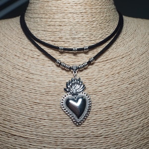 Sacred Heart Necklace  Double Choker  Layered Necklace  Mexican Choker  Pendant Necklace  Silver Choker  Women Jewellery  Birthday Gift