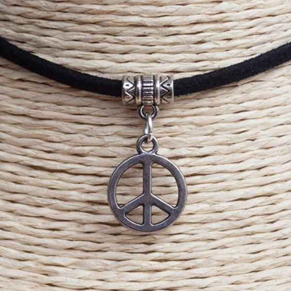 Peace Sign Necklace  Cord Choker  Peace Symbol  Pendant Necklace   Peace and Love Choker  Hippie Necklace  Birthday Gift  Unisex Jewellery