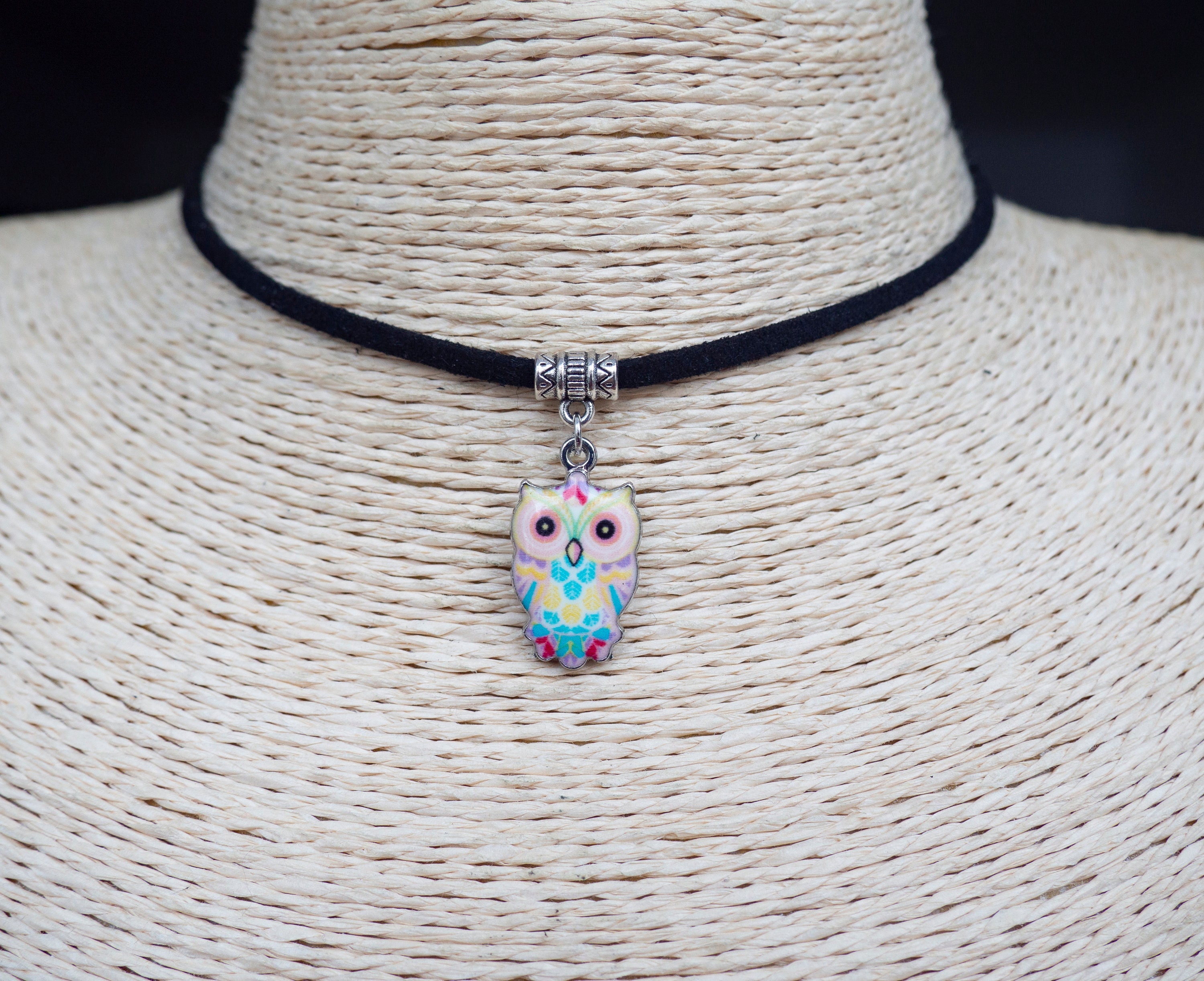 Owl Necklace Owl Metal Pendant Bird Choker Pendant Necklace Simple Choker Black Suede Necklace