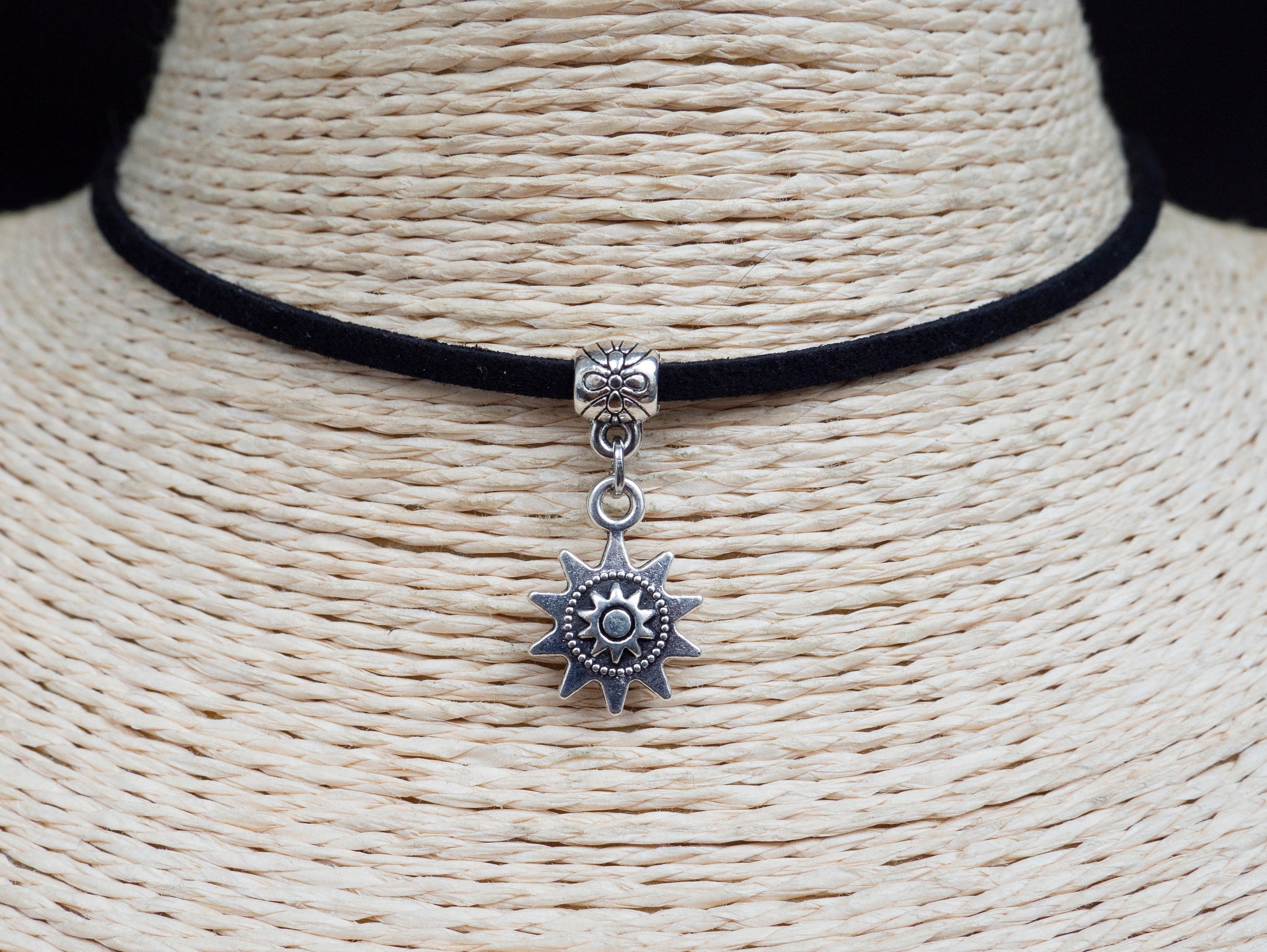 Sun Necklace  Cord Choker  Pendant Necklace  Celestial Necklace  Boho Choker  Black Suede Necklace  Unisex Jewelry  Christmas Gift