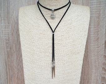 Black Suede Necklace  Peace Sign Necklace  Bolo Choker  Lariat Y Necklace  Vegan Necklace  Spike Wrap Necklace  Tie Choker  Punk Necklace