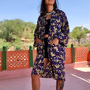 Kimono robe Indian recycled sari fabric with pockets, blue and gold,  traditional floral paisley pattern,up cycled, one size, one of a kind