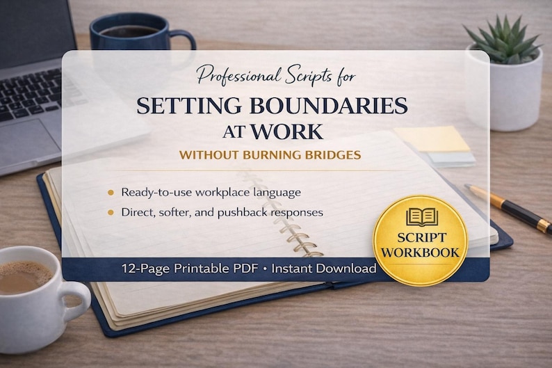May include: An open workbook on a wooden desk, titled "Professional Scripts for Setting Boundaries at Work Without Burning Bridges". It offers ready-to-use workplace language and direct responses. A coffee cup, laptop, and pen are also visible.