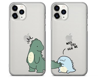 Mignon dinosaure couple correspondant étuis de téléphone iPhone 15, 14, 13, 12 Pro, 11, Xs, 8, 7, Samsung S10, S22, S20, A33, Huawei P30, Pixel 6 Pro, 6A