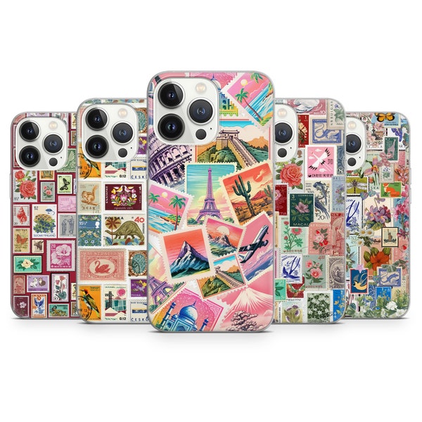 Stamp Collage Funda de teléfono Funda de viaje estética para iPhone 15 14 13 12 Pro Xs SE Samsung S24 S23 S22 FE A25 A15 Pixel 8A 7 Pro