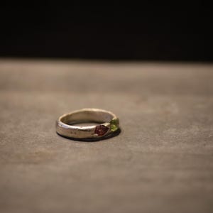Puede incluir: Un anillo de plata con tres pequeñas piedras preciosas. El anillo tiene una superficie texturizada y las piedras preciosas son verdes y rojas.