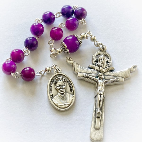 St. Josephine Bakhita Handmade Pocket  Rosary made with Violet Purple Gemstone beads — Patron Saint of Slavery and Human Trafficking