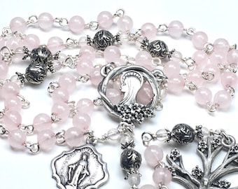 Rose Quartz and Pewter Catholic Rosary, Pink Gemstone and Tree of Life Catholic Handmade Rosary