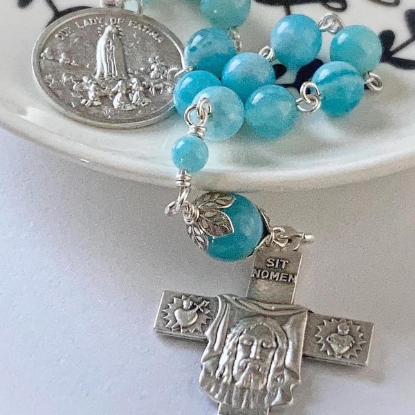 Our Lady of Fatima and Holy Face of Jesus Single Decade Handmade Rosary with  Sky-Blue Agate Gemstones