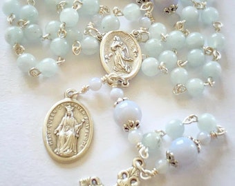 Queen of Heaven Handmade Rosary with Petite Aquamarine Gemstones and Blue Lace Agate Gemstone Beads