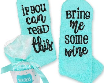 Teal Funny Wine Socks with Cupcake Gift Packaging - "If You Can Read This, Bring Me Wine" Novelty Socks - Funny Gifts for Wine Lovers