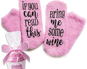 Pink Funny Wine Socks with Cupcake Gift Packaging - "If You Can Read This, Bring Me Wine" Novelty Socks - Funny Gifts for Wine Lovers