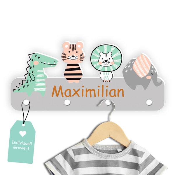 Kindsblick Kindergarderobe mit Wunschname-Personalisierte Garderobe mit 4 Kleiderhaken für Kinder (Junglefreunde-Grau)*Babyzimmer-  B-Ware