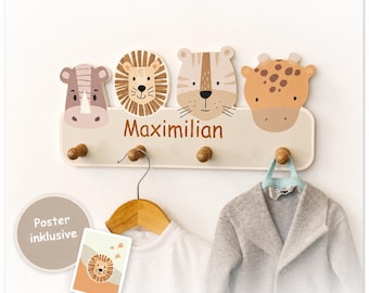 Kindsblick children's wardrobe Safari with desired name incl. free poster / Personalized wardrobe / Baby room / Decoration / Hook rail / beige