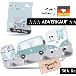 Szafa dziecięca Kindsblick® Wild Cars w kolorze miętowej zieleni z plakatem DIN A4 * Szafa z 4 wieszakami dla dzieci * Pokój dziecięcy * Magazyn B