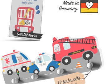 Kindsblick ® Rettungsautos Kindergarderobe in Bunt inkl. DIN A4 Poster * Garderobe mit 4 Kleiderhaken für Kinder - B-Ware *Babyzimmer