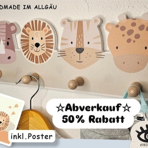Safari Children's Wardrobe | Children's Room Wardrobe | Wall-Mounted Wardrobe with 4 Hooks | Safari Animals | Children's Room Decor | B-Stock