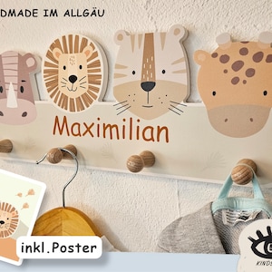 Kindsblick Kindergarderobe Safari mit Wunschname incl. Gratis- Poster / Personalisierte Garderobe / Babyzimmer / Deko / Hakenleiste / beige