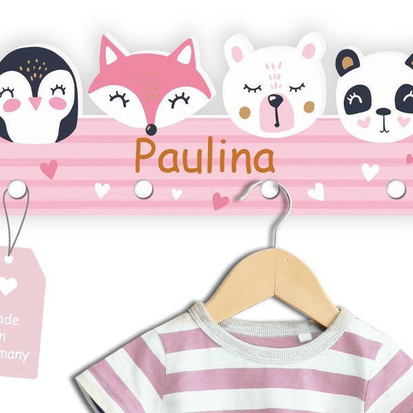 Kindsblick Kindergarderobe mit Wunschname-Personalisierte Garderobe mit 4 Kleiderhaken für Kinder Tierträume -Rosa | Babyzimmer | Wandtattoo