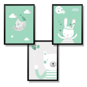 Kindsblick® 3er Set Poster für Kinderzimmer | DIN A4 Posterset für Jungen & Mädchen | Tierträume - mintgrün | Babyparty | Wandtattoo | Bild