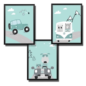 Kindsblick® 3er Set Poster für Kinderzimmer | DIN A4 Posterset für Jungen & Mädchen | Tolle Autos  mintgrün | Babyparty | Wandtattoo | Kind