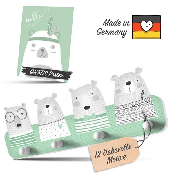 Kindsblick ® Bären Kindergarderobe in Mintgrün inkl. DIN A4 Poster | Garderobe mit 4 Kleiderhaken für Kinder | Babyzimmer | Wandtattoo
