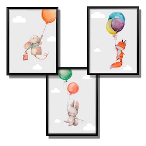 Kindsblick® 3er Set Poster fürs Kinderzimmer | DIN A4 Kinderposter für Jungen & Mädchen | Luftballon Tiere grau | Babyparty | Wandtattoo