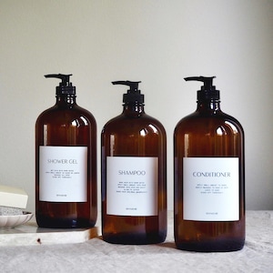Large Amber Glass Dispenser Bottles, Shampoo Conditioner Body Wash Dispensers, Plastic Push Pump Action, Waterproof Labels