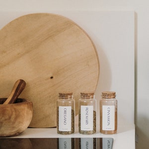 Rounded Glass Spice Jar With Cork Lid. Available Individually Or Set of 10. Customised labels