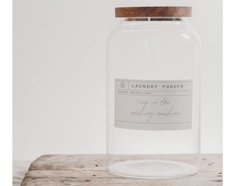 2.5L acacia lid laundry jar, laundry powder, scent boost jar, customisable waterproof labels,  gifts for home