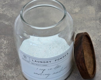 Luxury Laundry Powder Jar With Wooden Lid, 1.2L Laundry Powder Jar, Customisable Laundry Bottle, Housewarming Gift, Refillable Laundry Jar