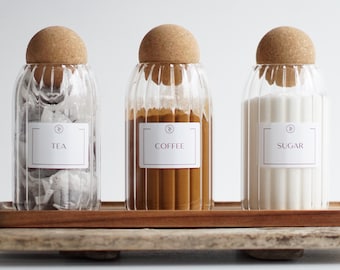 Bote de vidrio para té, café y azúcar, tarros de almacenamiento de vidrio para cocina con tapa de corcho, juego de tarros para té, café y azúcar con etiquetas impermeables.