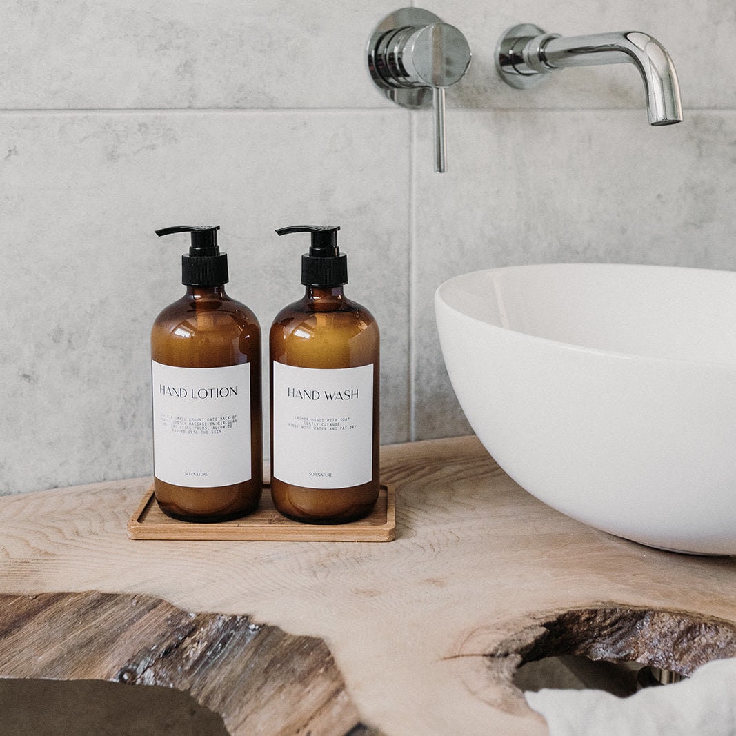 Duo Amber Glass Pump Bottles, Hand Soap Dispenser, Hand Lotion Dispenser, Eco-Friendly Kitchen Dispenser Plastic Pump Glass Storage