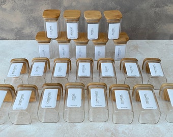 Glass Spice Jars with Airtight Bamboo Lid, Square Based Glass Spice Jars with Personalised Waterproof Labels, Complete Pantry Set