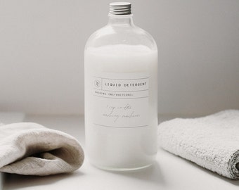 Bouteille d'assouplissant textile en verre transparent de 1 l, Rangement dans la buanderie, Étiquette personnalisée, Bouteille étanche avec bouchon à vis argenté, Luxe respectueux de l'environnement