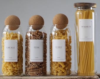 Glass Pasta Jar Set, Dry Goods Storage, Cork Ball Jars, Tall Spaghetti Container, Italian Essential, Housewarming Gift, Gifts for Her