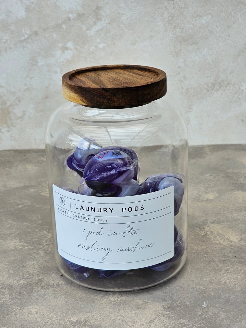 Laundry Pods Jar With Wooden Airtight Lid, 1.2L Laundry Pod, Customisable Laundry Bottle, Laundry Housewarming Gift, Refillable Glass Jars 画像 4