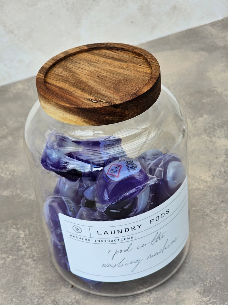 Laundry Pods Jar With Wooden Airtight Lid, 1.2L Laundry Pod, Customisable Laundry Bottle, Laundry Housewarming Gift, Refillable Glass Jars 画像 8