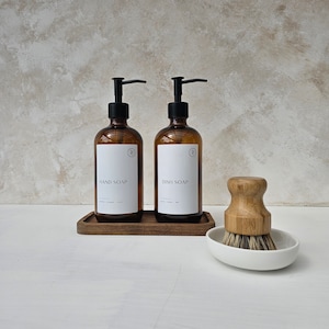 Amber Glass Hand Soap & Dish Soap Dispenser Set with Brush and Wooden Tray,  Kitchen Sink Bundle Set, Washing Up Liquid, Hand Wash Refill