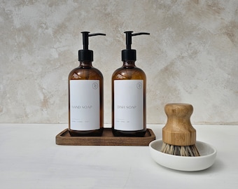Amber Glass Hand Soap & Dish Soap Dispenser Set with Brush and Wooden Tray,  Kitchen Sink Bundle Set, Washing Up Liquid, Hand Wash Refill
