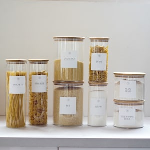 Pantry glass jar set | Glass storage jars with customisable labels | bamboo lid jars | pantry kit jars | kitchen labels | pantry labels