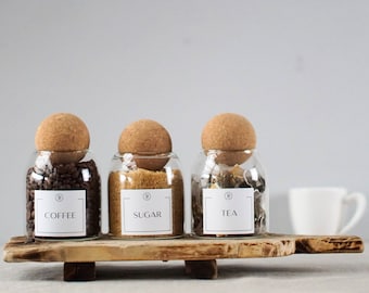 Tea, Coffee, Sugar Cork Ball Jar Bundle Set. Customisable, Waterproof Labels. Set of 3 Jars/ 500ml