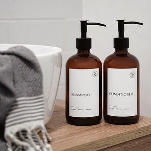 Set of 2 Glass Amber Soap Dispenser with Metal Pump Lid, Reusable Glass Dispenser Bottle, Minimalist Customisable Labels, Ideal Luxury Gift