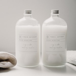 Laundry Room Bottle Duo - Clear Glass Utility Bottles Fabric Softener Liquid Detergent Laundry Bottle Labels Waterproof