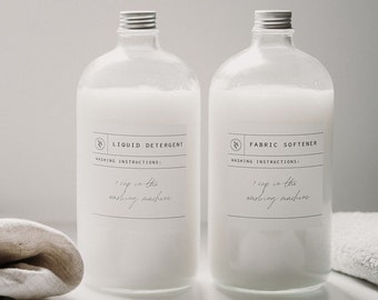 Duo de bouteilles de buanderie – Bouteilles utilitaires en verre transparent, adoucissant, détergent liquide, étiquettes de bouteilles de lessive imperméables